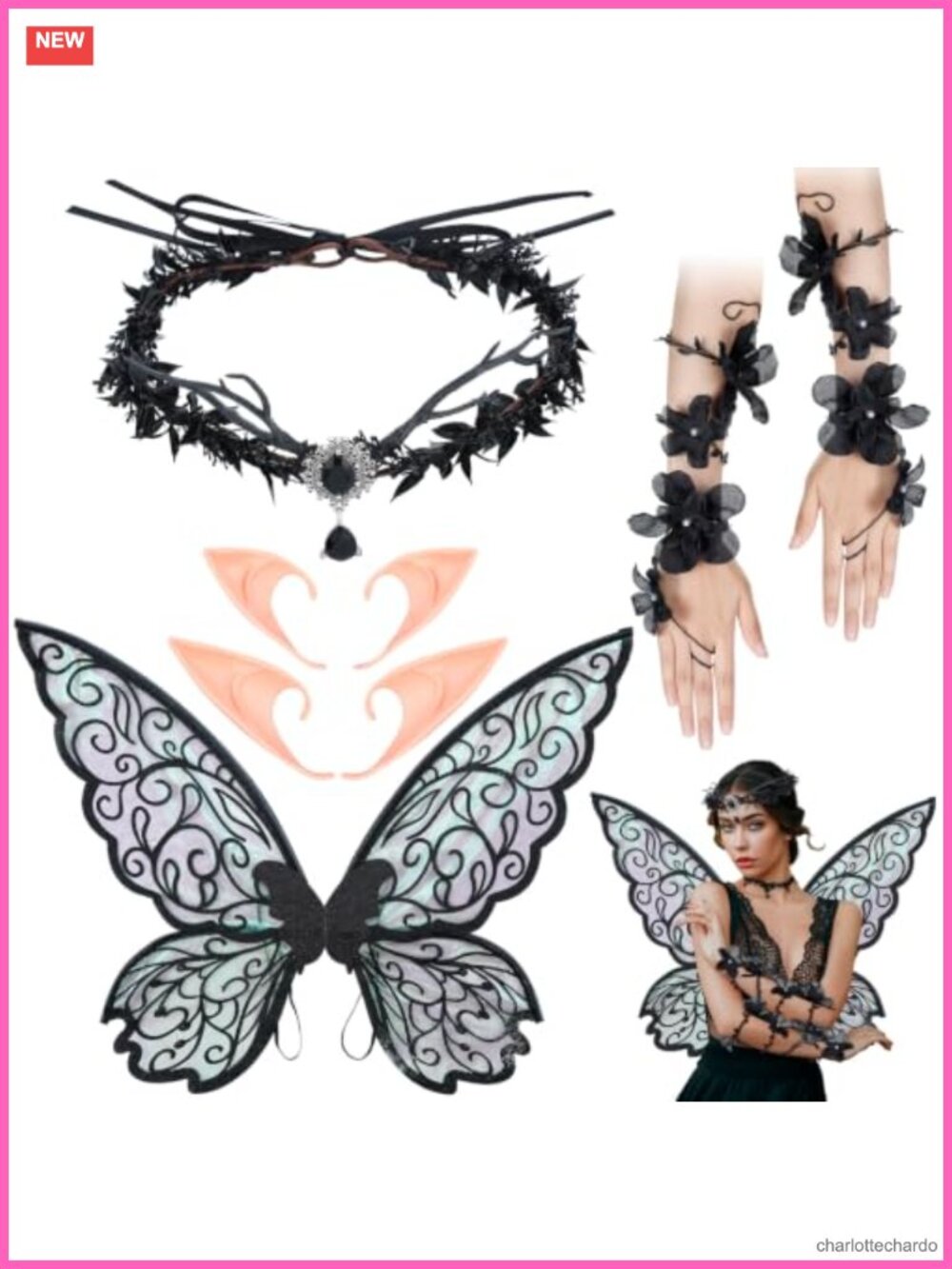 Halloween Fairy Wing Costume Set Adult Women Wings Ears Headband Armband